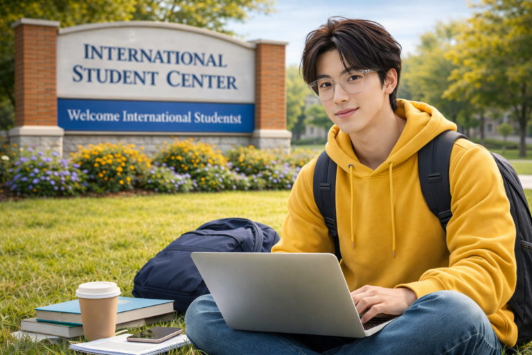 An international college student sitting on the grass on a sunny university campus, studying with a laptop.