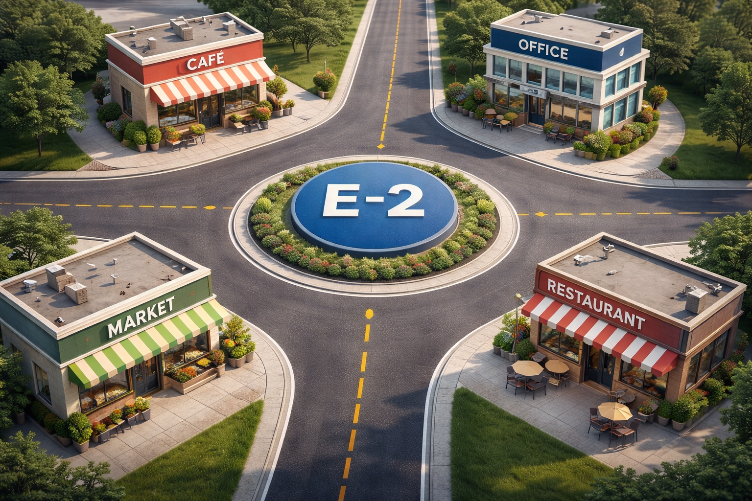 E2 Round about leading to multiple businesses.